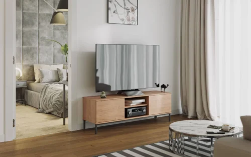 Tutti TV cabinet, 150 cm, hickory oak color, elegant cabinet design, sturdy metal doors open by pushing