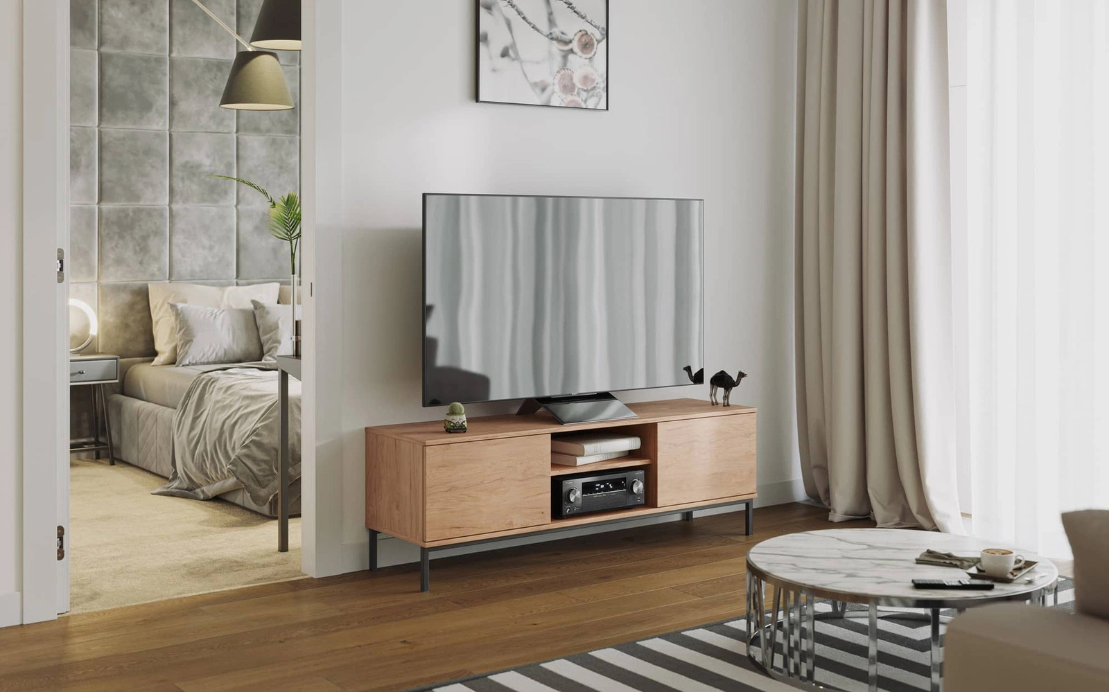 Tutti TV cabinet, 150 cm, hickory oak color, elegant cabinet design, sturdy metal doors open by pushing