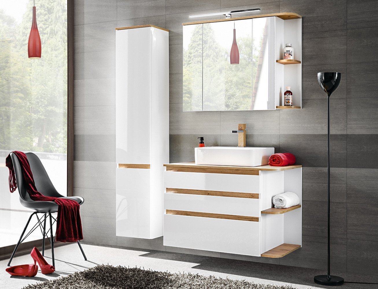 Bathroom cabinet with mirror, 90 cm, Platinum - Image 3
