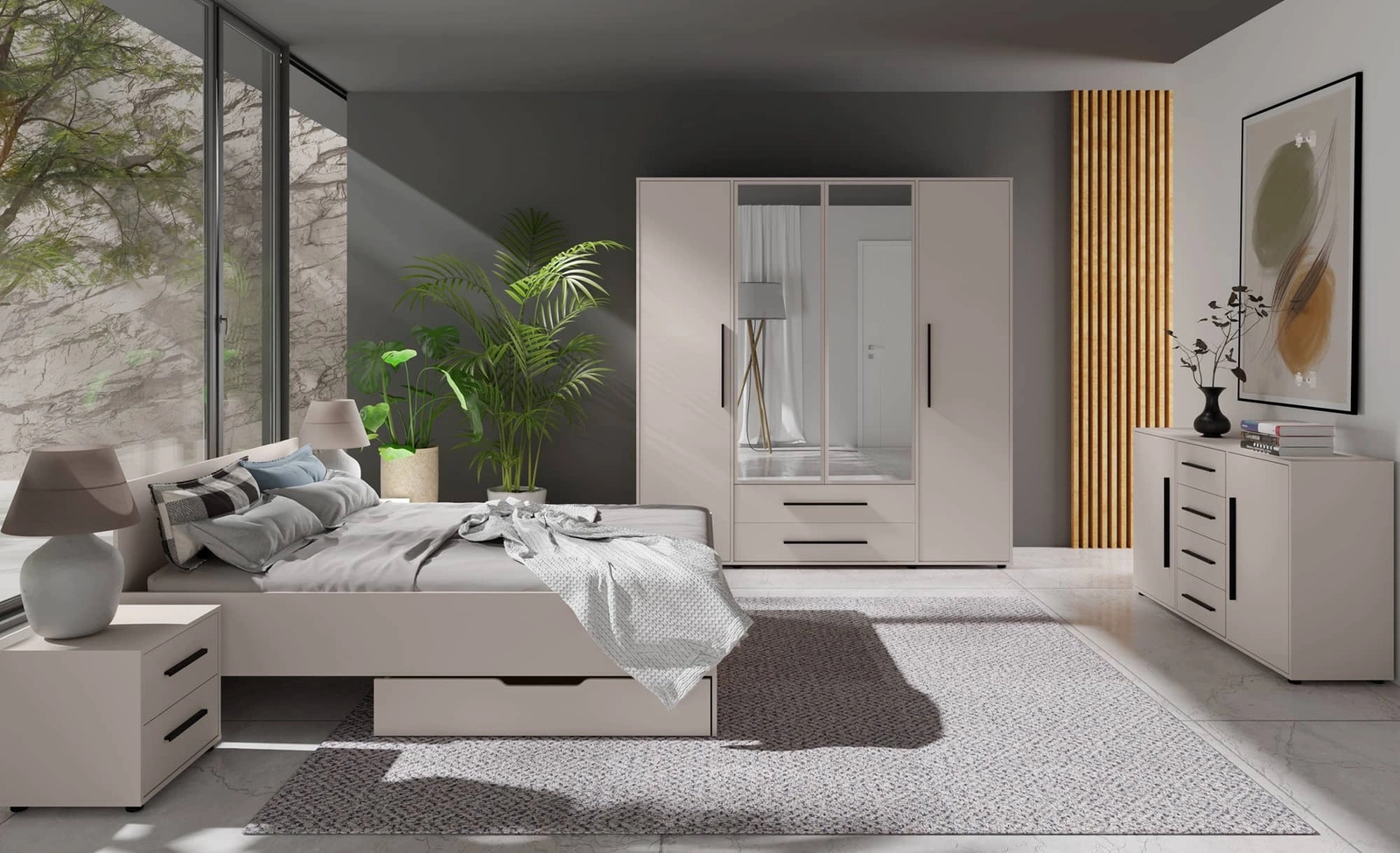 Maxione beige bedside table, elegant cabinet with drawers for the bedroom, functional furniture with a timeless design - Image 4