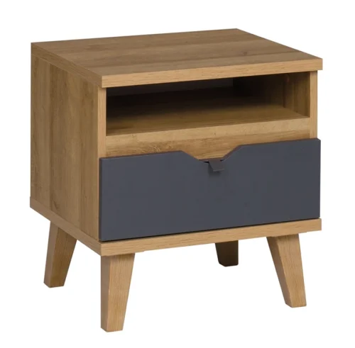 Memone bedside table with drawer, golden oak/graphite color, stylish cabinet for bedroom or youth room in Scandinavian style