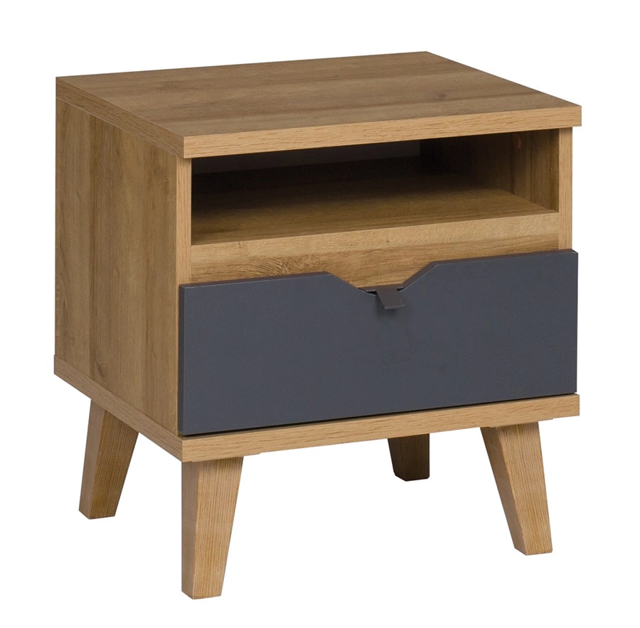 Memone bedside table with drawer, golden oak/graphite color, stylish cabinet for bedroom or youth room in Scandinavian style