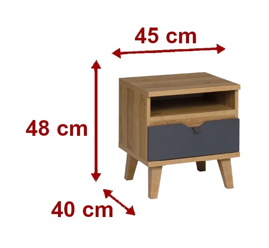 Memone bedside table with drawer, golden oak/graphite color, stylish cabinet for bedroom or youth room in Scandinavian style - Image 2