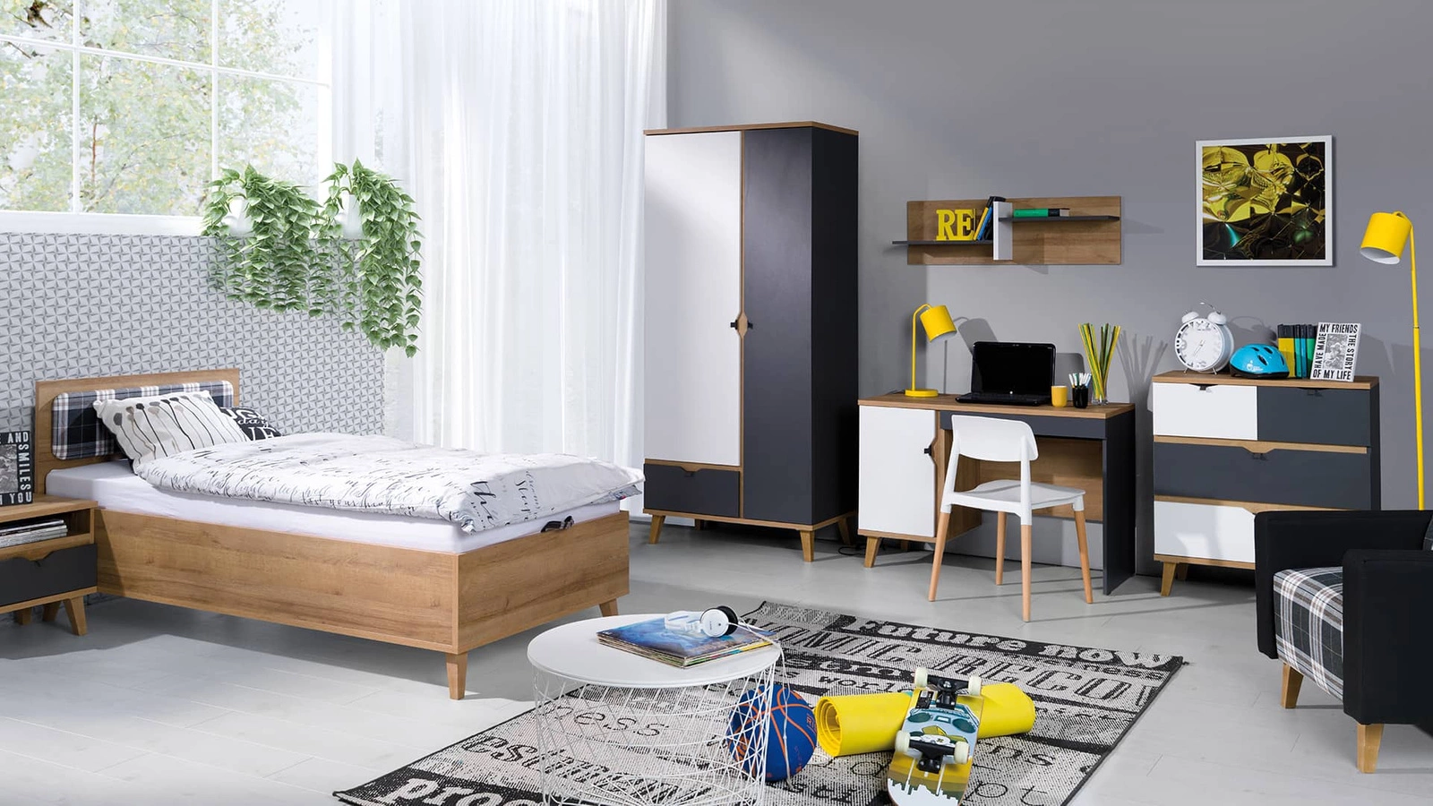 Memone bedside table with drawer, golden oak/graphite color, stylish cabinet for bedroom or youth room in Scandinavian style - Image 5