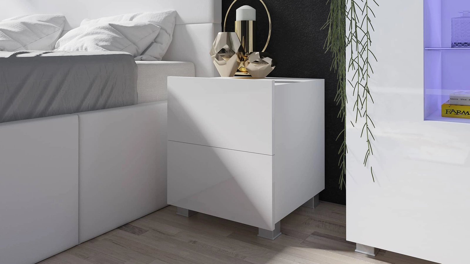 CALABRINI bedside table with drawers, glossy white, can be hung, minimalist design, simple shape, perfect table for the bedroom