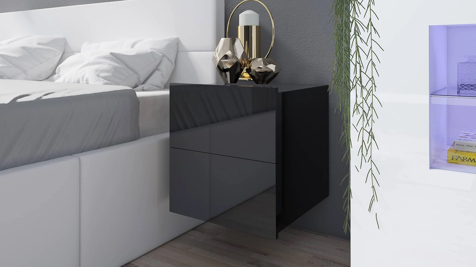 Black glossy CALABRINI bedside table with drawers, can be hung, minimalist design, simple shape, perfect table for the bedroom - Image 2