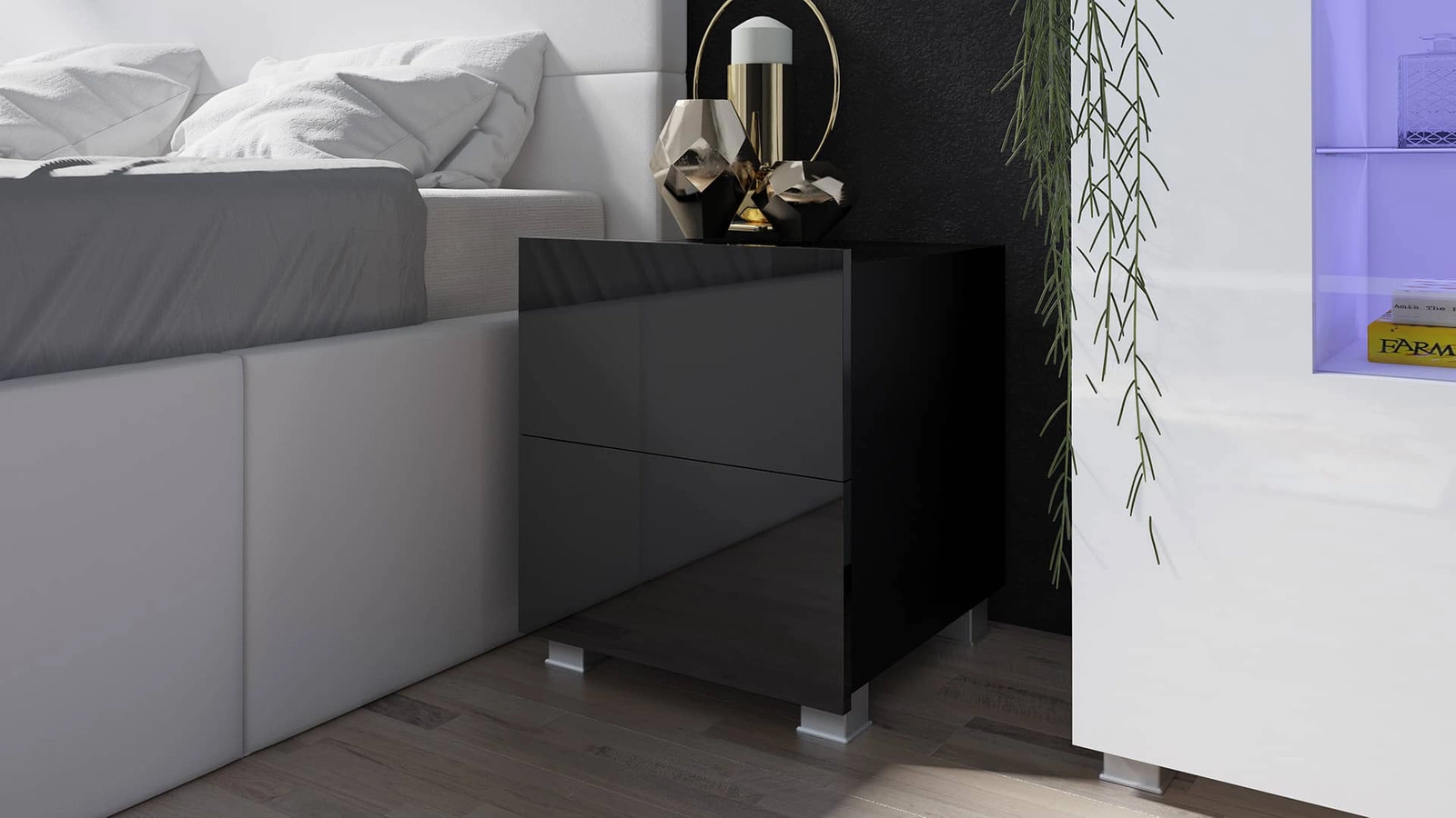 Black glossy CALABRINI bedside table with drawers, can be hung, minimalist design, simple shape, perfect table for the bedroom