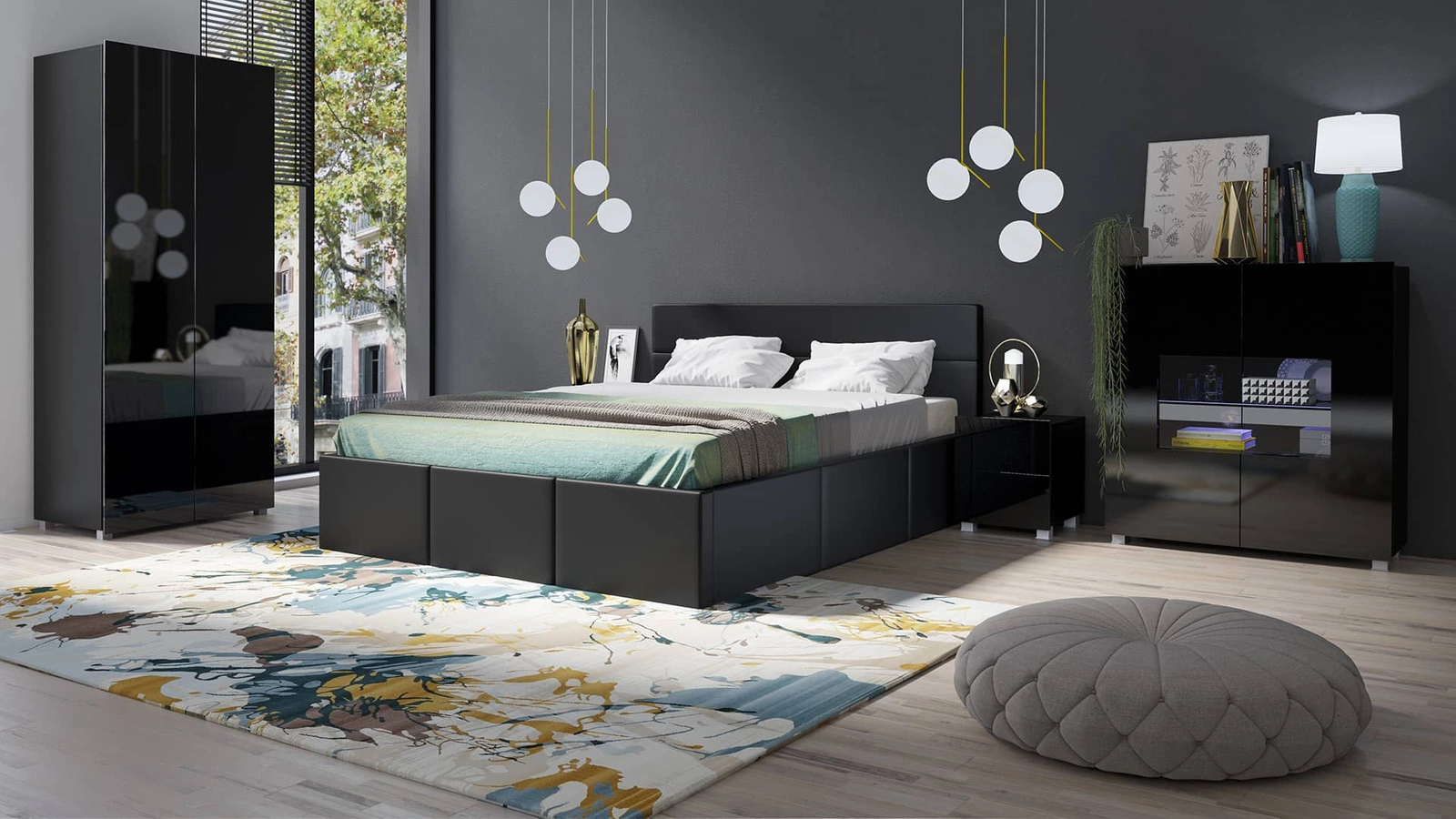 Black glossy CALABRINI bedside table with drawers, can be hung, minimalist design, simple shape, perfect table for the bedroom - Image 5