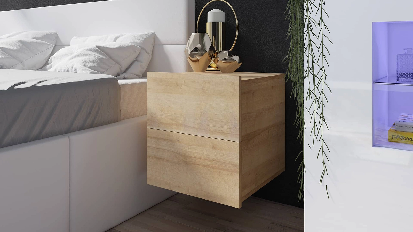 Apulian golden oak bedside table with drawers, with hanging option, minimalist design, simple shape, perfect table for the bedroom - Image 2