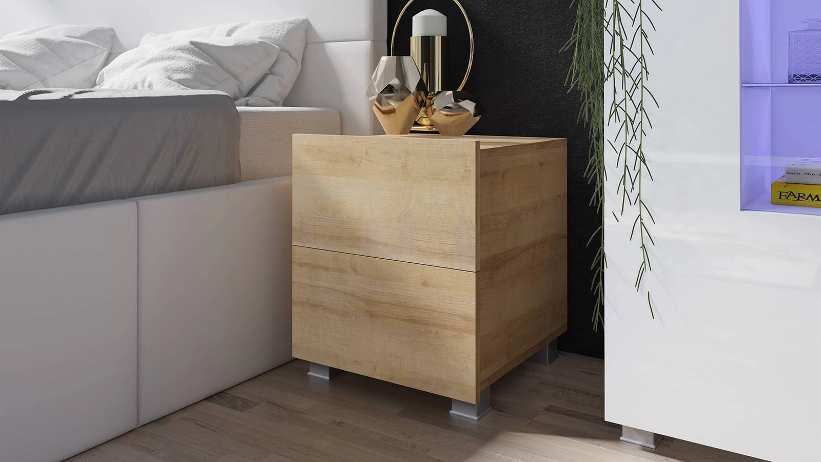 Apulian golden oak bedside table with drawers, with hanging option, minimalist design, simple shape, perfect table for the bedroom