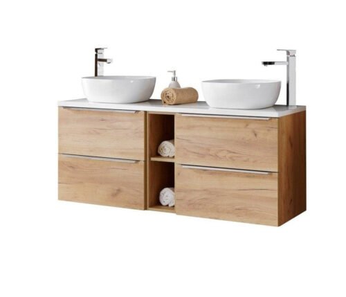60 cm cabinets with sinks, countertop and low cabinet “Capri oak 820” with white countertop