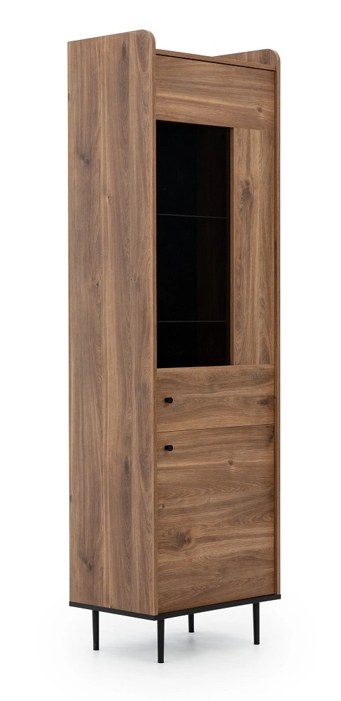 Apallo display cabinet 60 cm, brandy oak color, original design, Castello body with metal legs, elements made of tempered glass