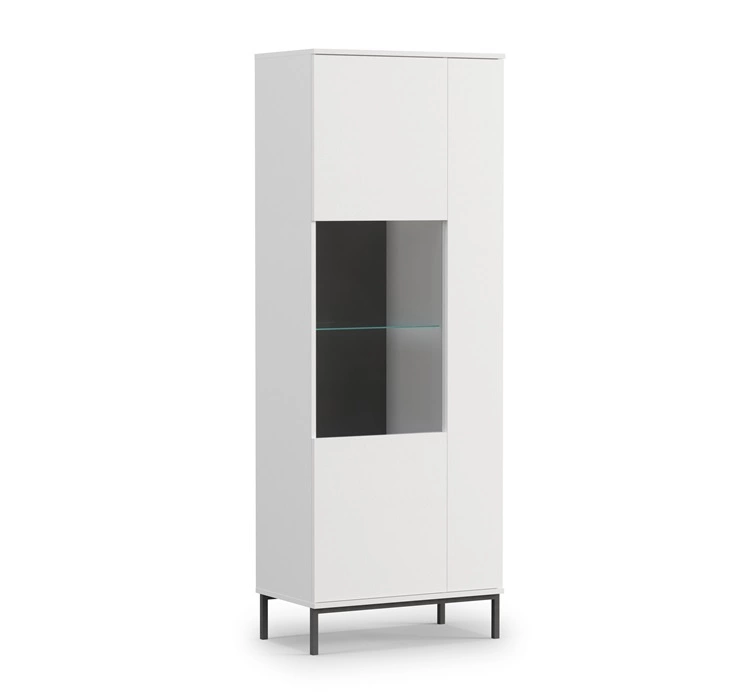 "Tutti" display case, 70 cm, white, stylish design, safety tempered glass display case, high metal leg, opens by pushing