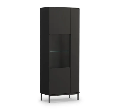 “Tutti” display case, 70 cm, black, stylish design, safety tempered glass display case, high metal leg, opens by pushing