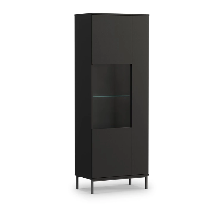 "Tutti" display case, 70 cm, black, stylish design, safety tempered glass display case, high metal leg, opens by pushing