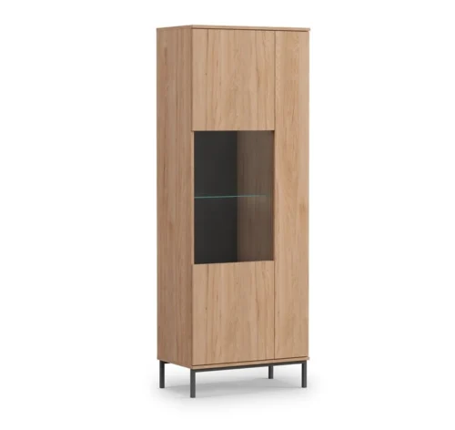 Tutti display case, 70 cm, hickory oak, stylish design, safety tempered glass display case, high metal leg, opens by pushing
