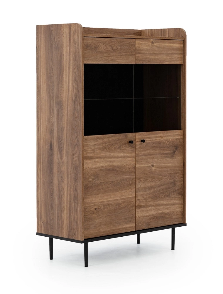 Apallo wide display cabinet 90 cm, Castello brandy oak color, original shape, mounted on metal legs, elements made of tempered safety glass