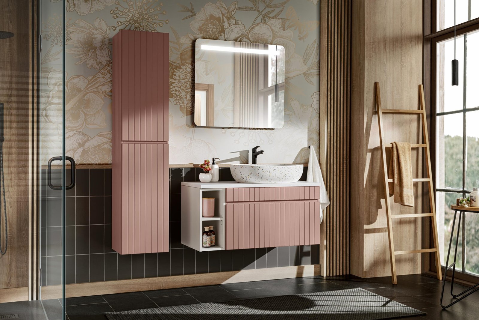 Set 100 cm ICONIC ROSE with LILI MW21 washbasin and shelf