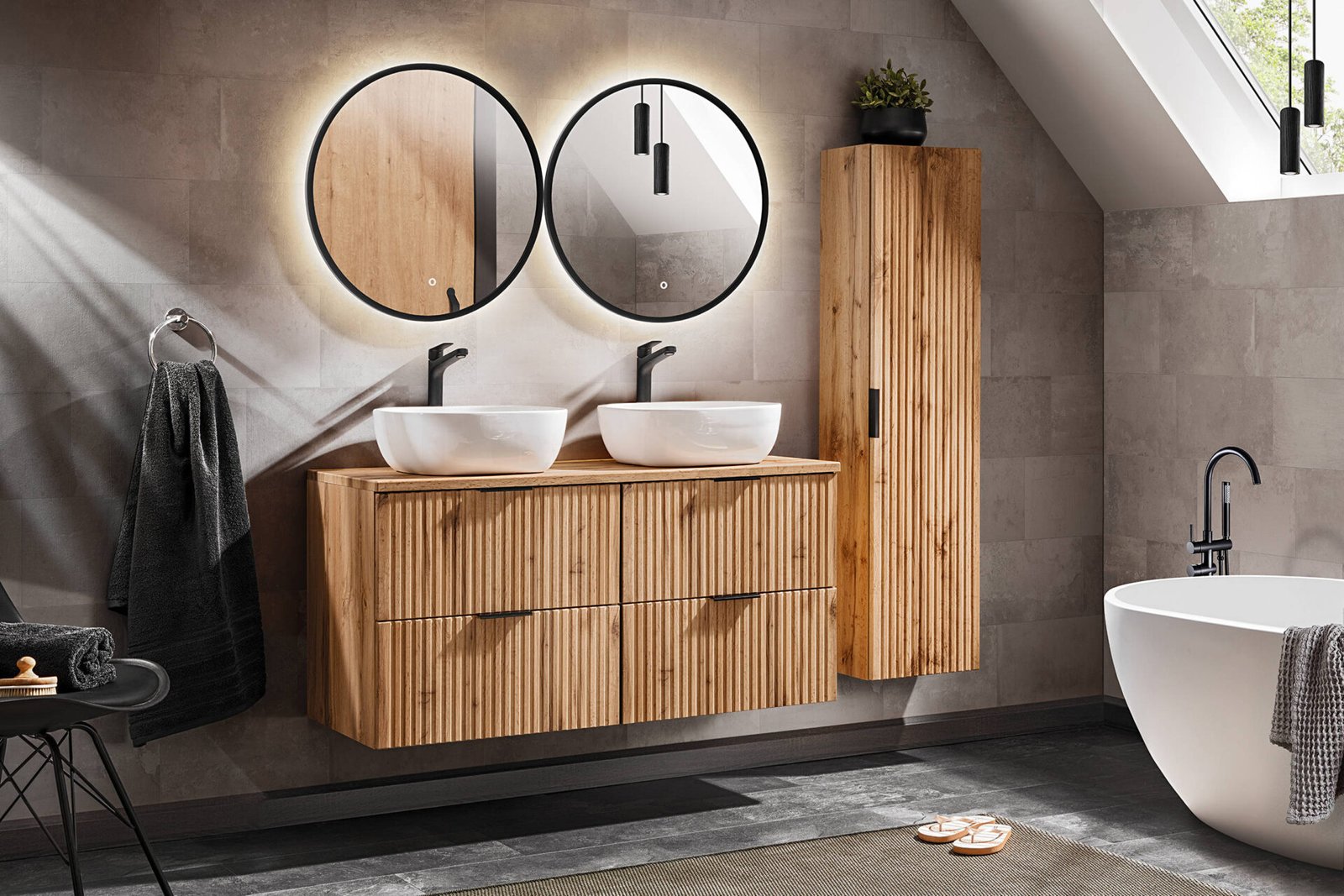 120 cm ADEL OAK double cabinet set with SMILE washbasins