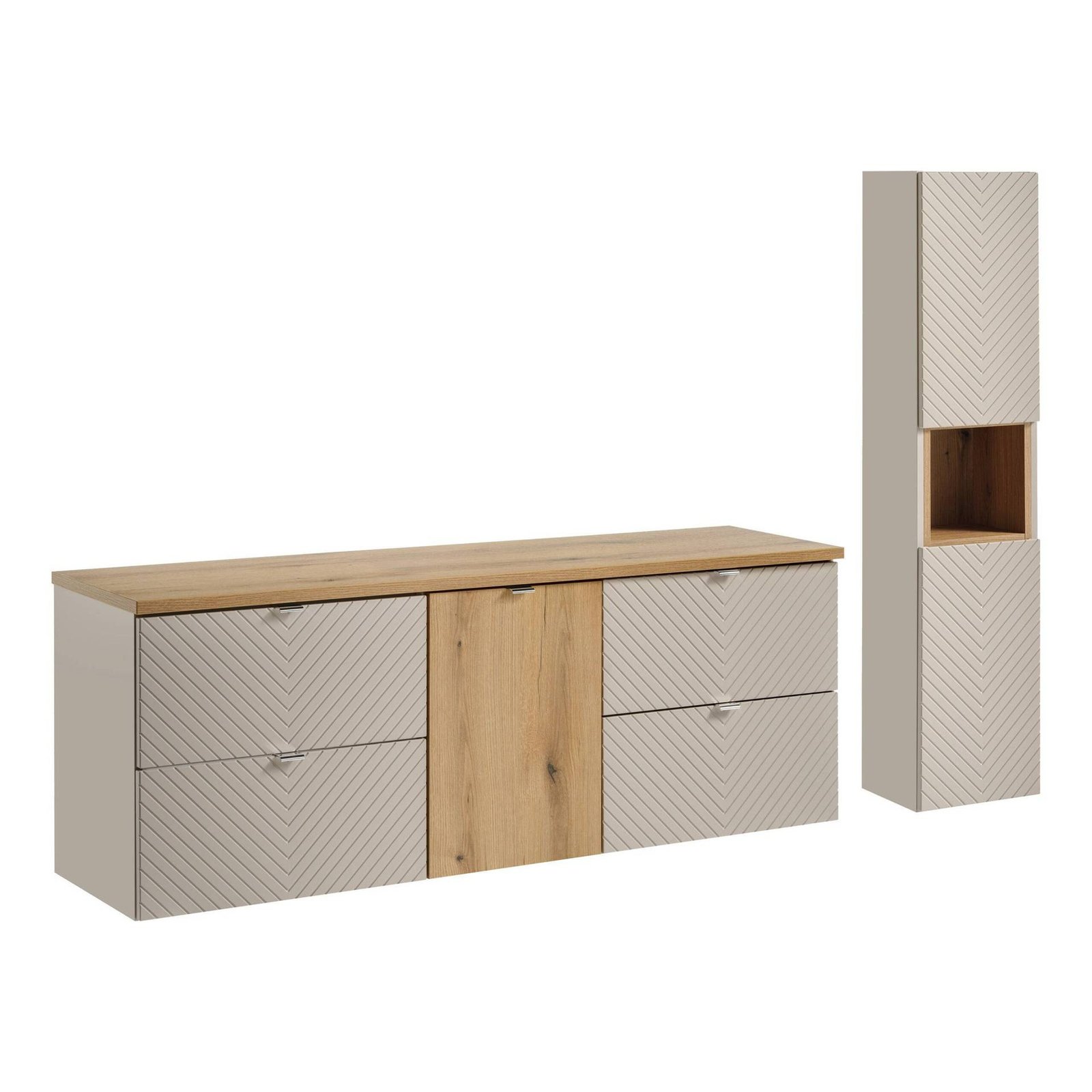 Set of 2 washbasin cabinets 2S 60 cm with countertop and cabinet with basket 40 cm and tall column Viva Cashmere Oak Coast Evoke