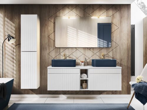 ICONIC WHITE 2×60 set with dark blue KAMA washbasins, Juliet mirror and LED lighting