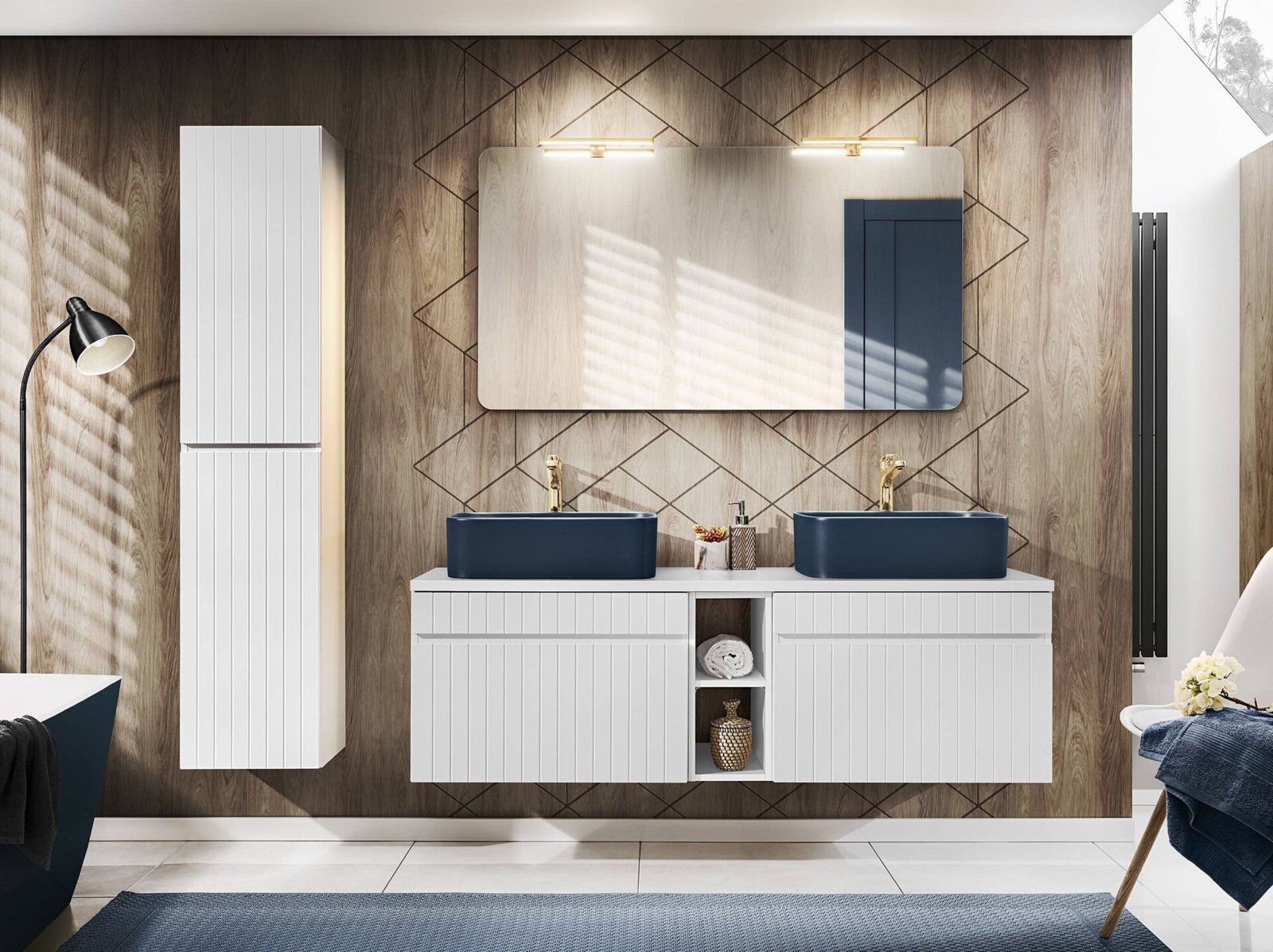 ICONIC WHITE 2x60 set with dark blue KAMA washbasins, Juliet mirror and LED lighting