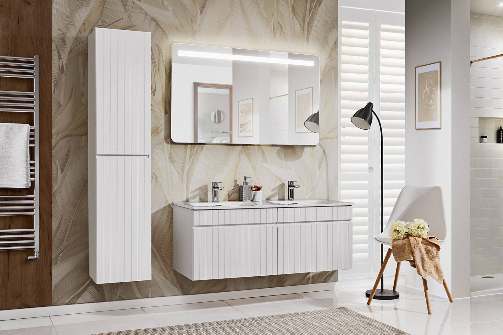 ICONIC WHITE 2x60 set with SKY 120D washbasin and Bianca 120 LED mirror