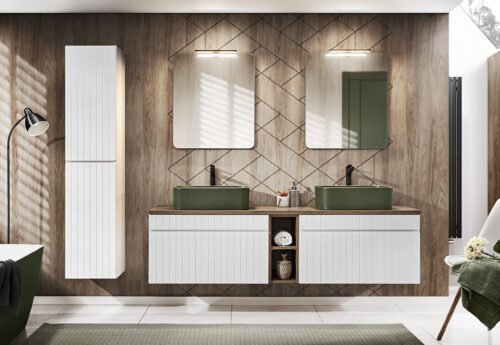 ICONIC WHITE 2×80 set with green KAMA washbasins, Juliet mirror and LED lighting