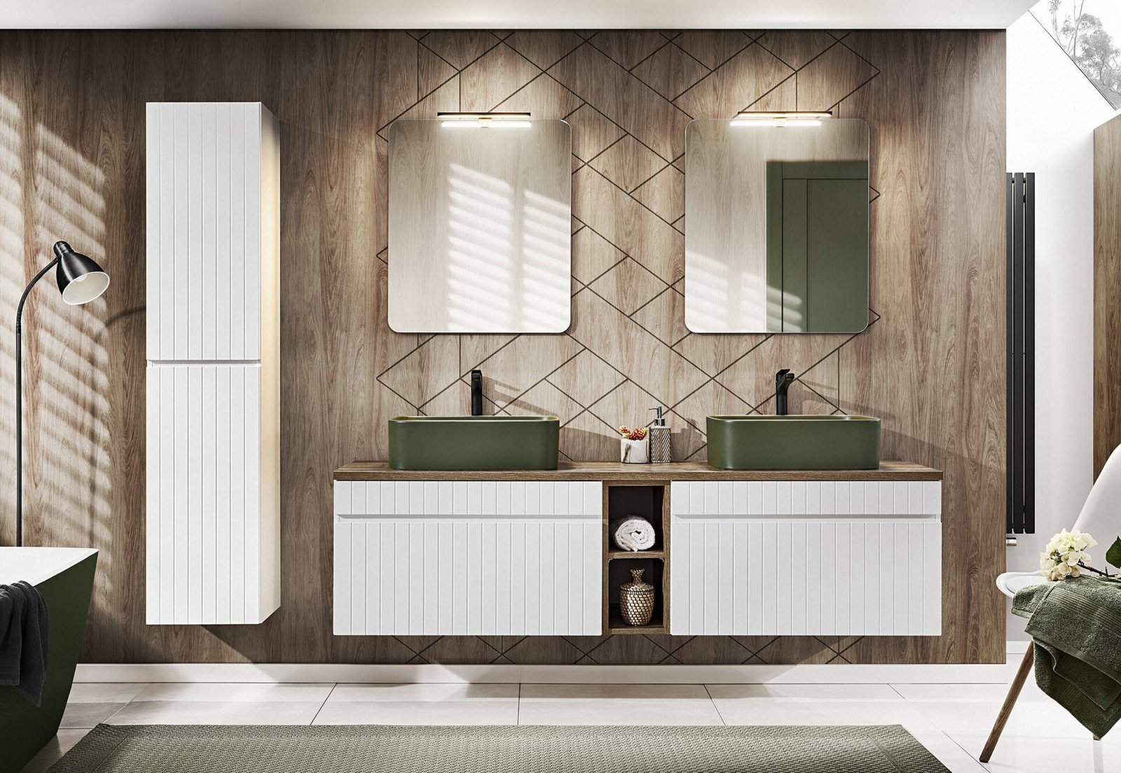 ICONIC WHITE 2x80 set with green KAMA washbasins, Juliet mirror and LED lighting