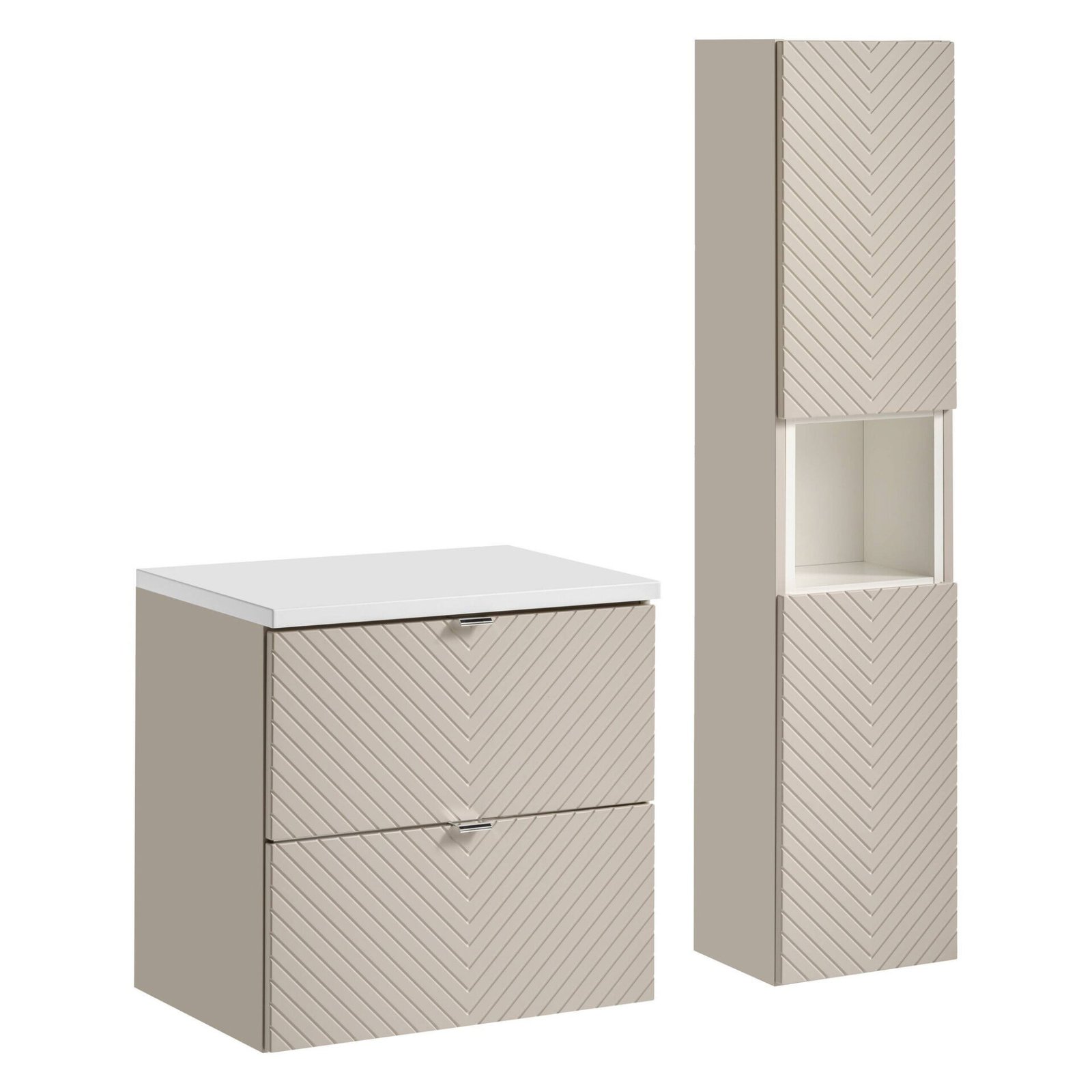 Set of 2 drawer cabinets, 60 cm, with table top and tall column, Viva Cashmere White