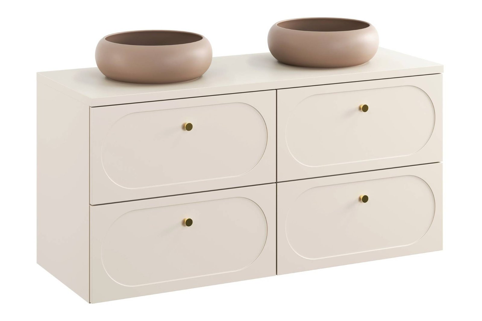 Washbasin cabinet with 120 cm countertop, 4 drawers and 2 countertop washbasins set Donna Sand