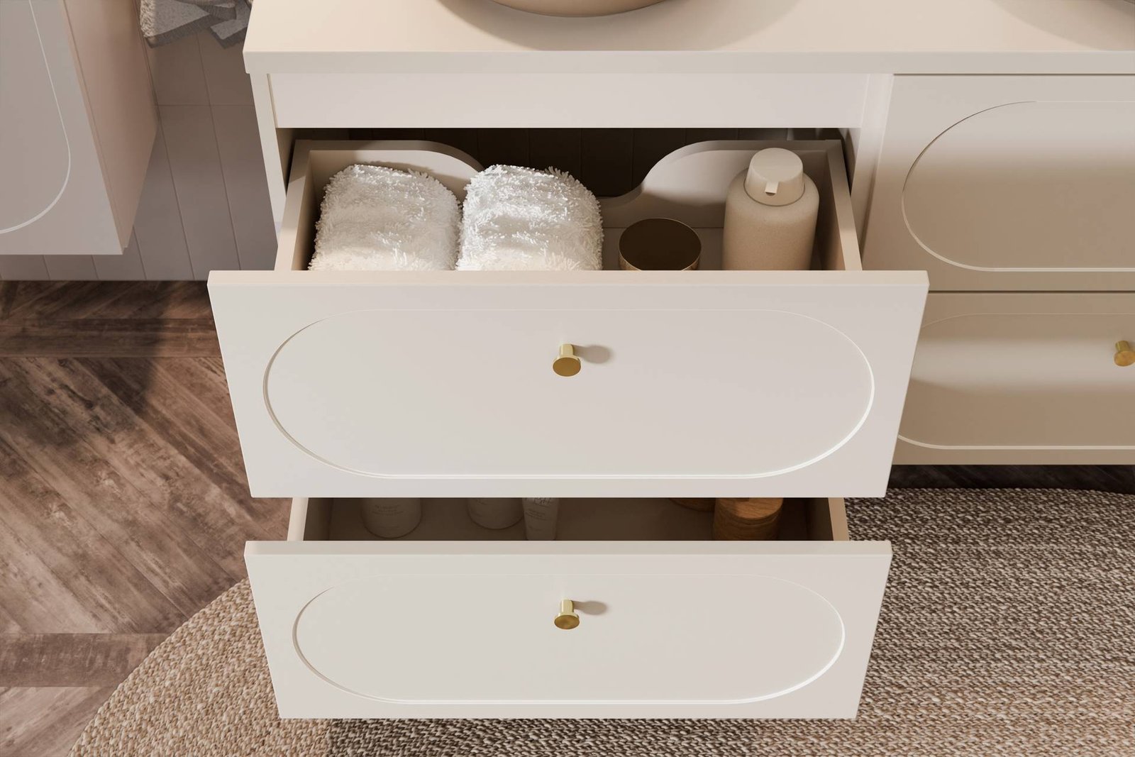Washbasin cabinet with 120 cm countertop, 4 drawers and 2 countertop washbasins set Donna Sand - Image 5