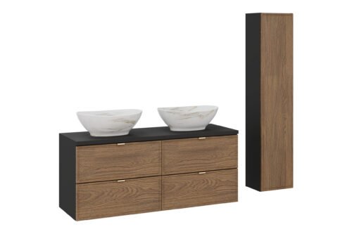 120 cm washbasin cabinet with countertop and 2 countertop washbasins and a matte black Casella tall column set