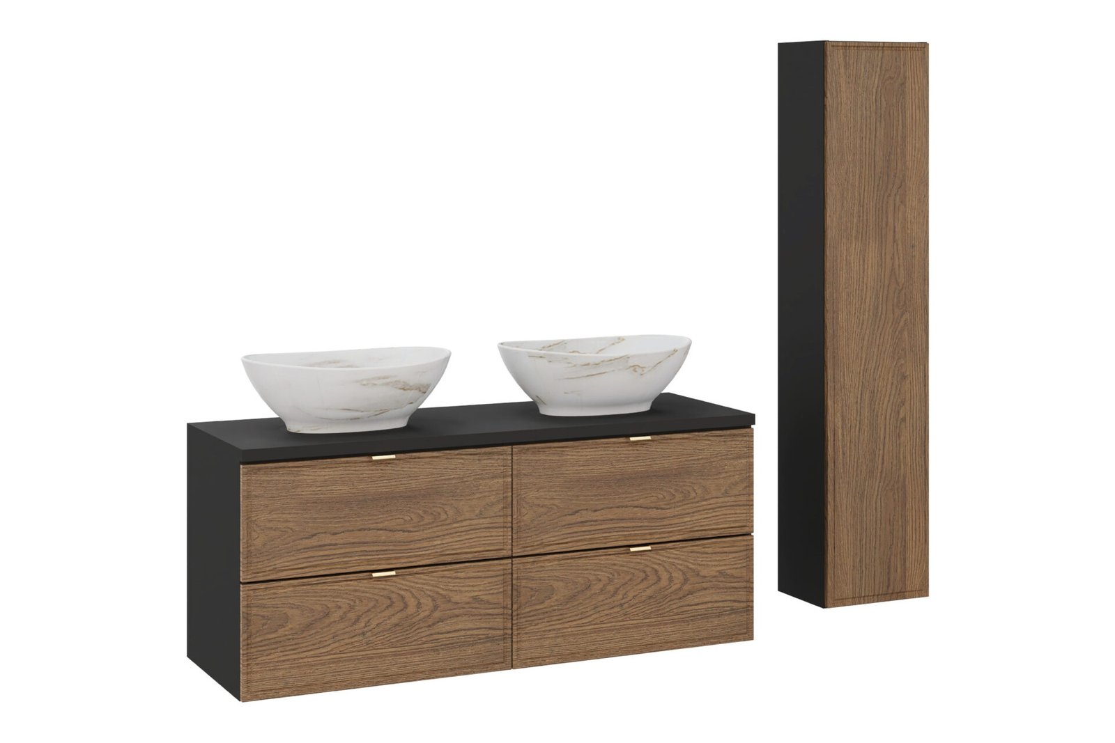 120 cm washbasin cabinet with countertop and 2 countertop washbasins and a matte black Casella tall column set
