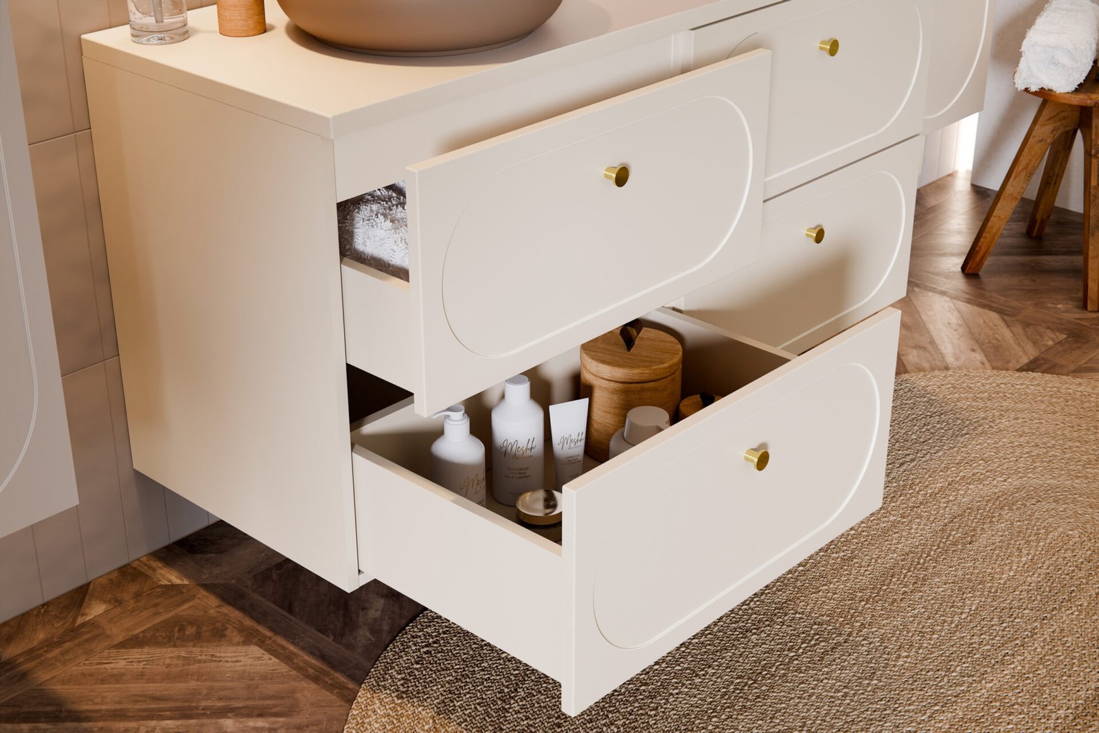 Washbasin cabinets with 80 cm countertop, 2 drawers and countertop washbasin Donna Sand set - Image 6