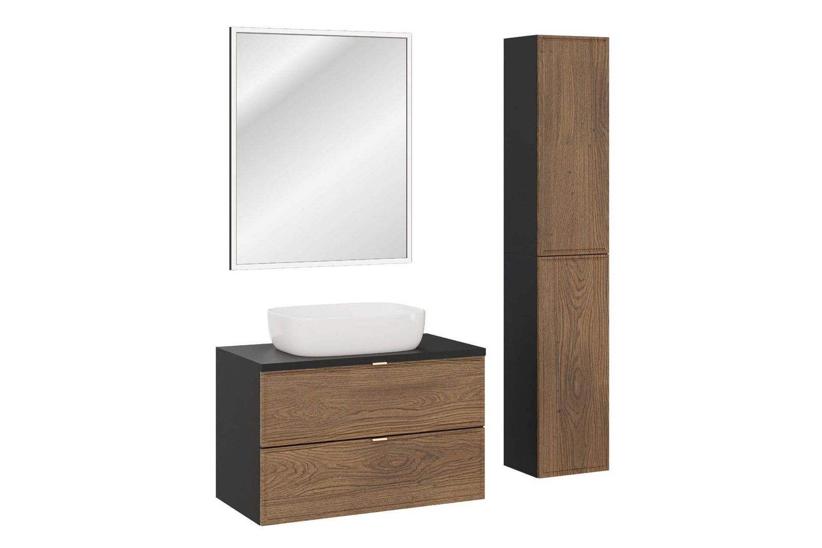 Vanity unit with 80 cm countertop and countertop washbasin set, LED mirror and 2 Talia Casella semi-columns in matte black