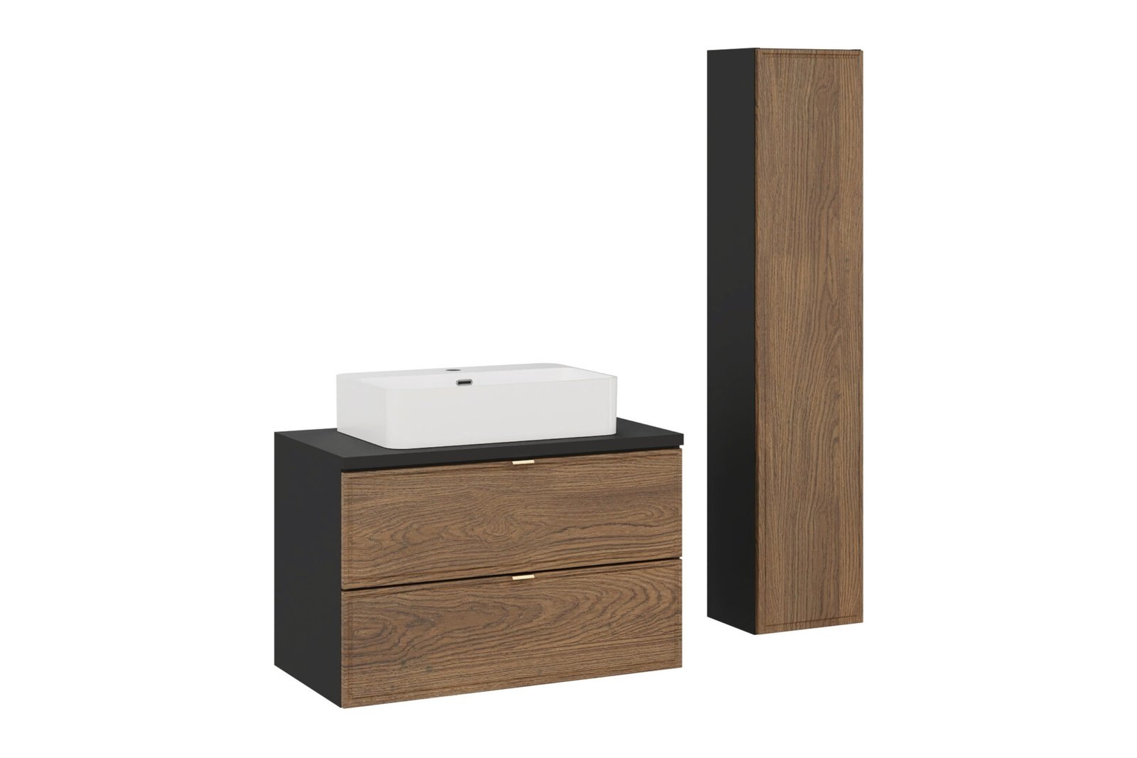Vanity units with 80 cm countertop, countertop washbasin and tall vanity unit set, Casella Matte Black
