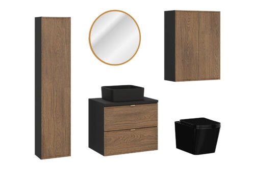 60 cm countertop cabinet and countertop washbasin, tall column with two semi-columns, mirror and toilet set, Talia Casella, matte black