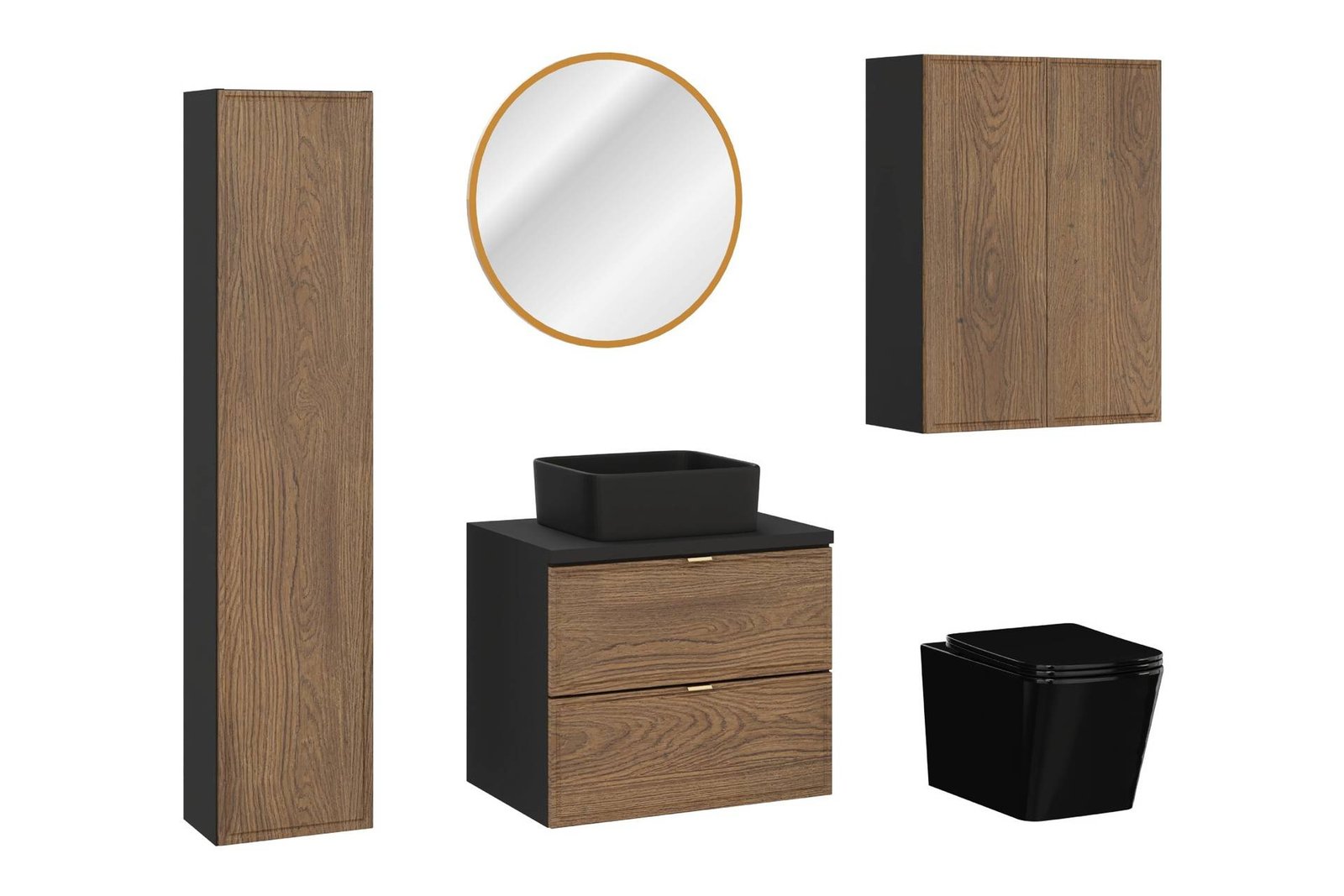 60 cm countertop cabinet and countertop washbasin, tall column with two semi-columns, mirror and toilet set, Talia Casella, matte black