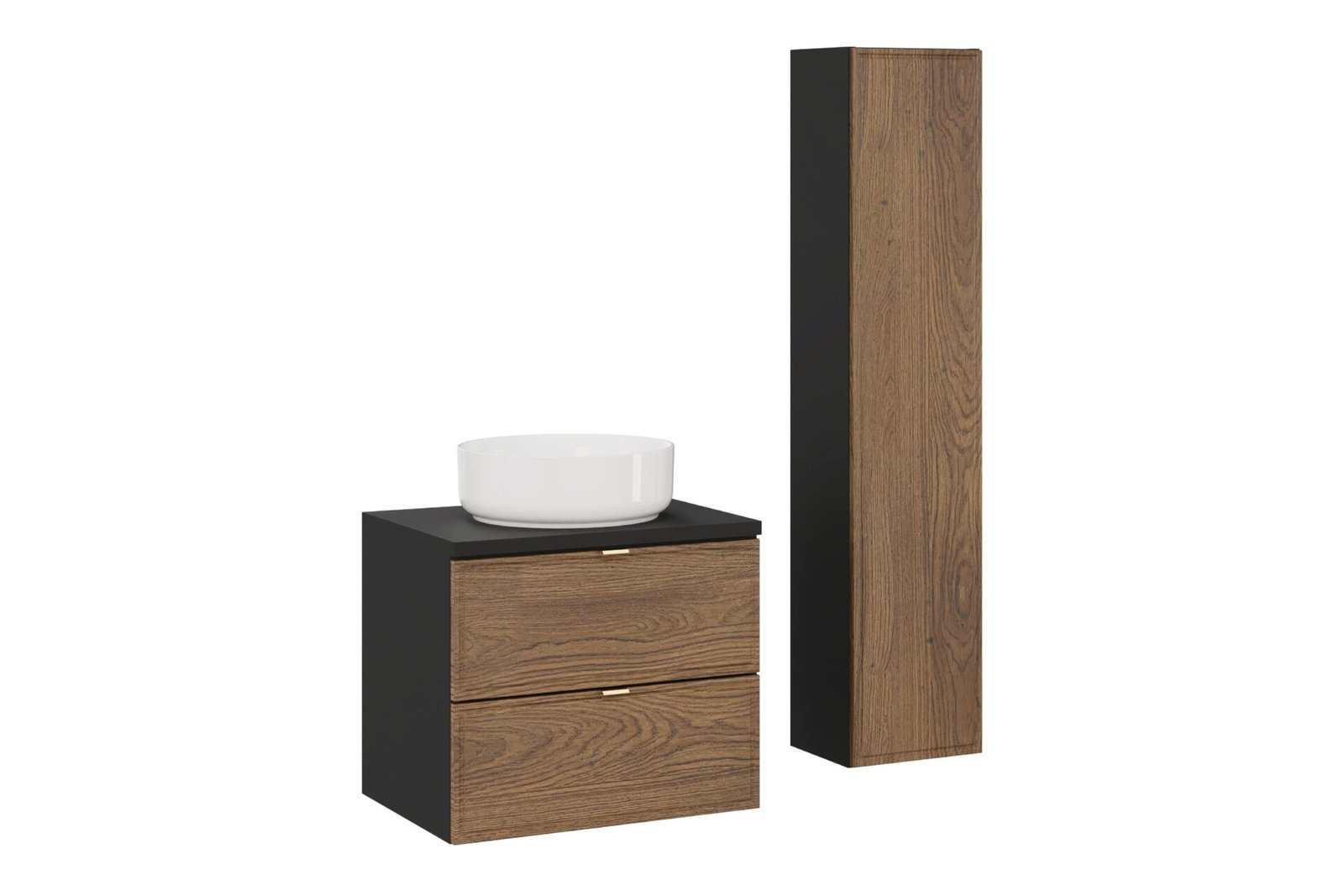 Set of 60 cm countertop cabinet, countertop washbasin and high-waisted Casella Matte Black column