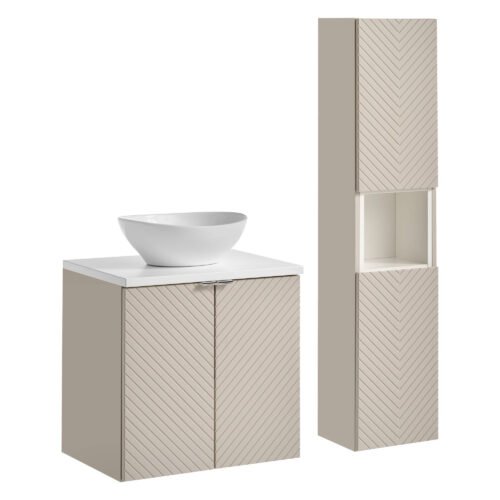 Two-door washbasin cabinet set, 60 cm, with countertop and tall column, Viva Cashmere White