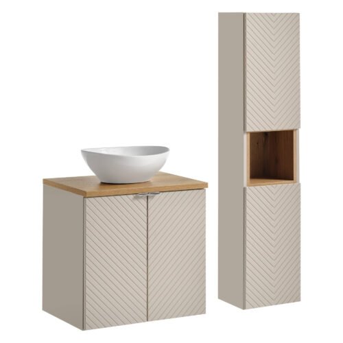 Two-door washbasin cabinet set, 60 cm, with countertop and tall column “Viva Cashmere Oak Coast Evoke”