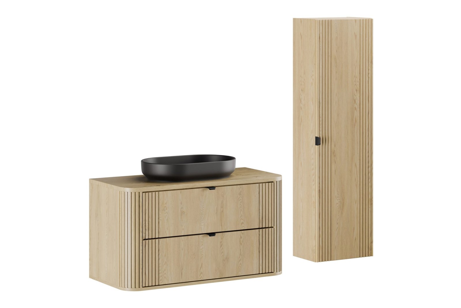 Set of 2 100 cm washbasin cabinets with countertop and tall column "Ovalia Cremona"