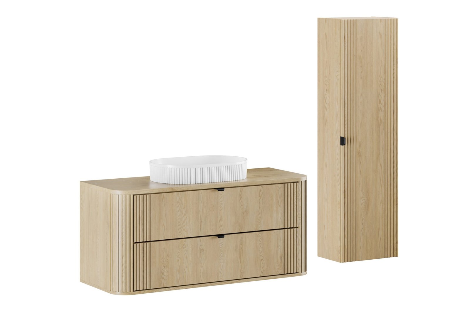 Set of 2 120 cm Ovalia Cremona washbasin cabinets with countertop and tall column