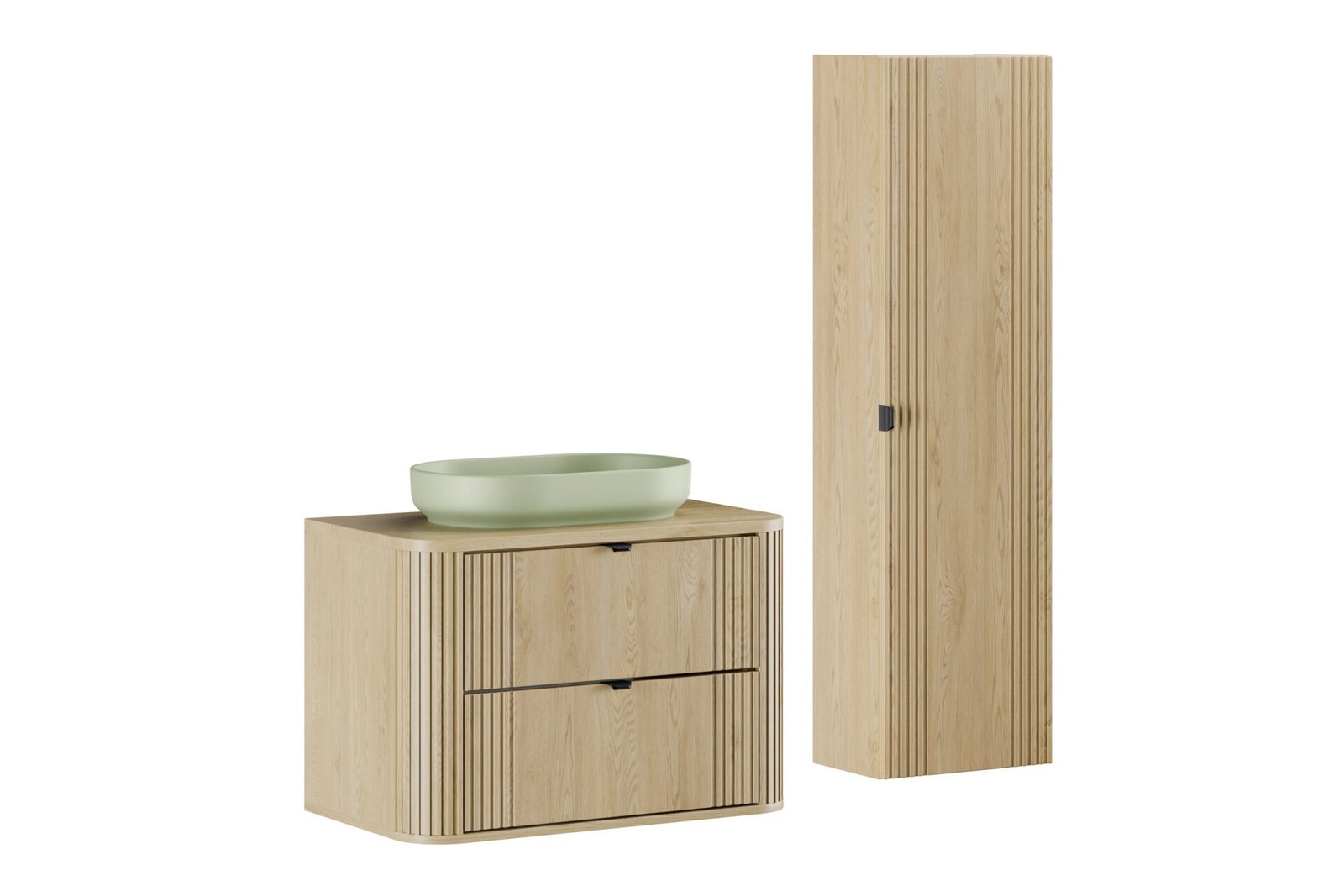 Set of 2 80 cm Ovalia Cremona washbasin cabinets with countertop and tall column