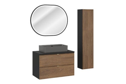 Cabinets with washbasin and countertop, as well as a set of high columns and LED mirror (by Talia Casella)
