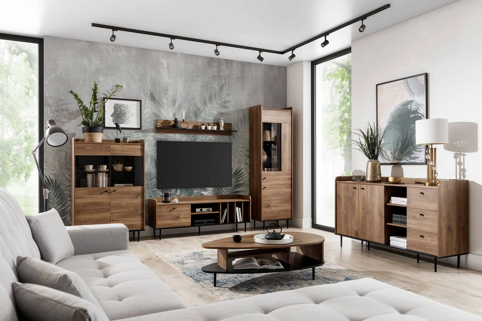 Apallo furniture set made of brandy oak "Castello", modern design, sturdy parts on metal legs, living room cabinet, high tabletop edges