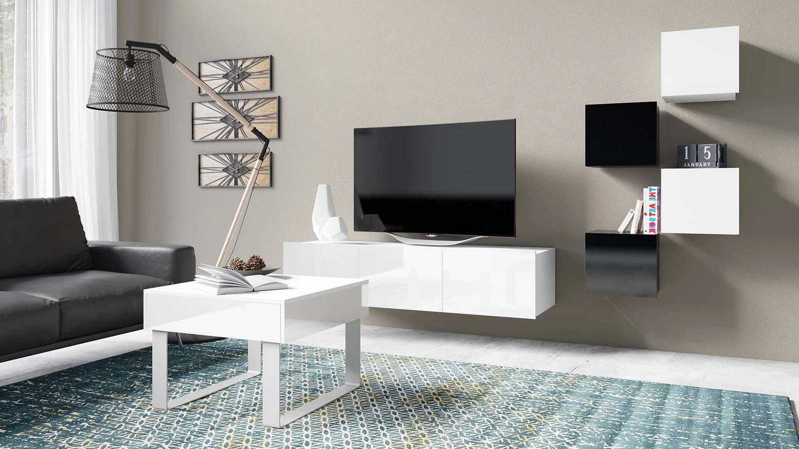 CALABRINI XXI" white/black glossy furniture set - an exceptionally stylish wall cabinet for the living room, with simple shapes that fit into any interior