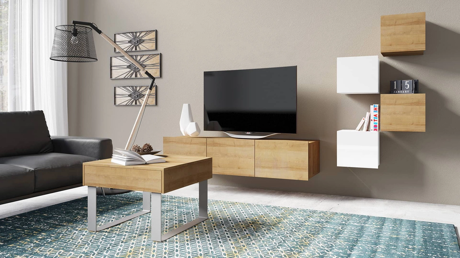 White/golden oak furniture set CALABRINI XXI", an exceptionally stylish wall cabinet for the living room, with simple shapes that fit any interior