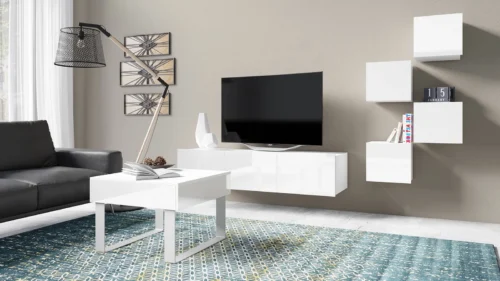 The white glossy CALABRINI XXI furniture set is an exceptionally stylish wall cabinet for the living room, with simple shapes, suitable for any interior